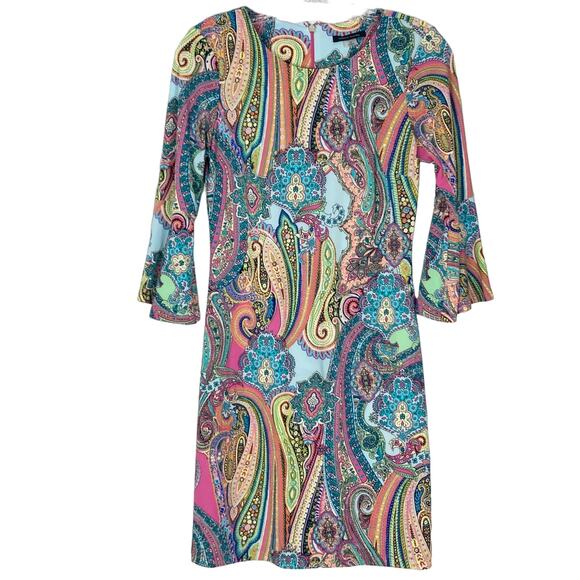 TOMMY HILFIGER Dress Size 2/XS Petite Multicolor Bold Jaipur Paisley Bell Sleeve - Picture 2 of 8